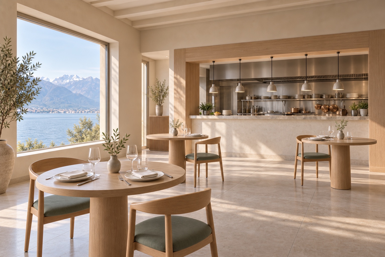 Cuisine ouverte et salle du restaurant Sillon